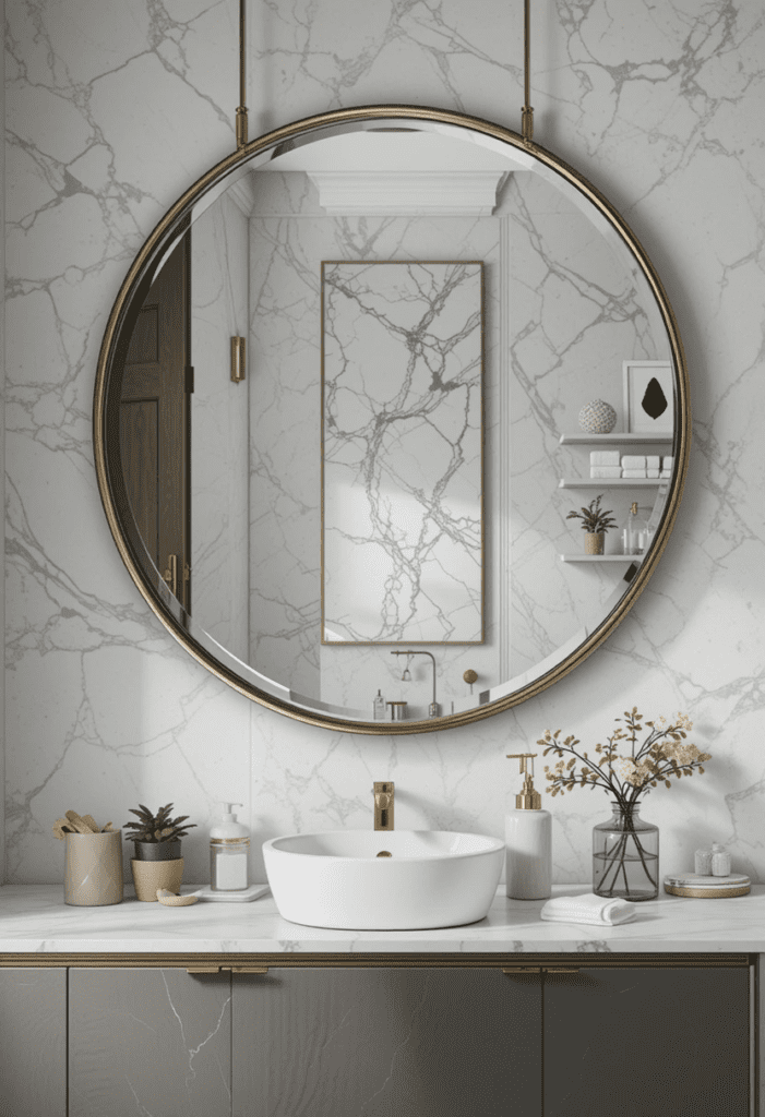 A modern bathroom mirror with a sleek frame, enhancing light and space.