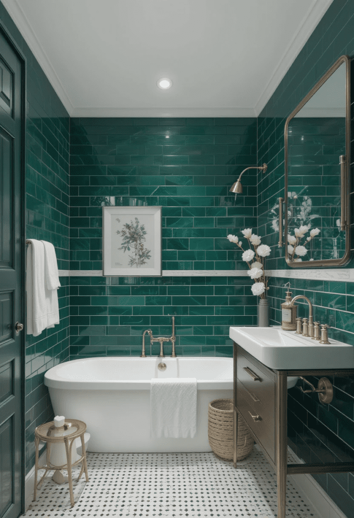  A bathroom with a bold emerald green accent wall, adding character and depth to the space.