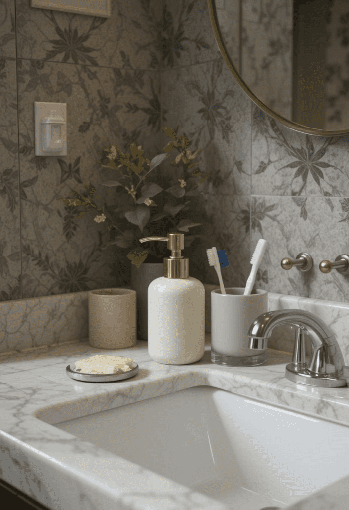 A bathroom counter with stylish functional decor, including a soap dispenser