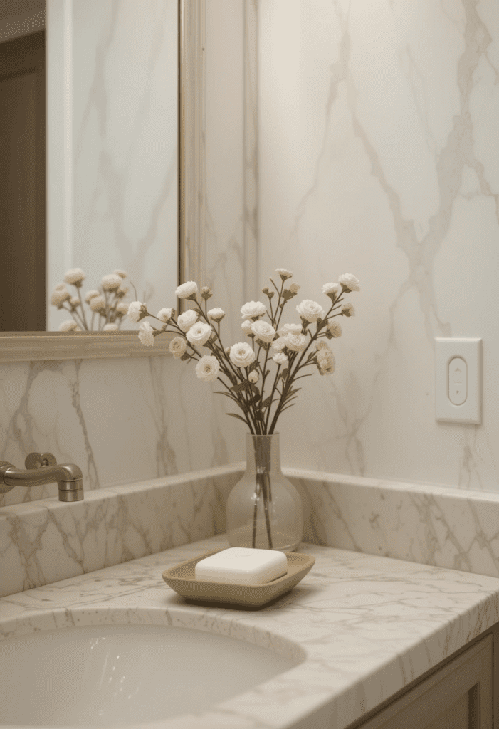 A clean, clutter-free bathroom countertop with simple yet elegant decor.