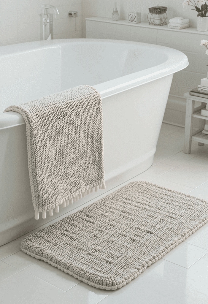 A cozy and stylish bath mat placed in front of a bathtub for added comfort.