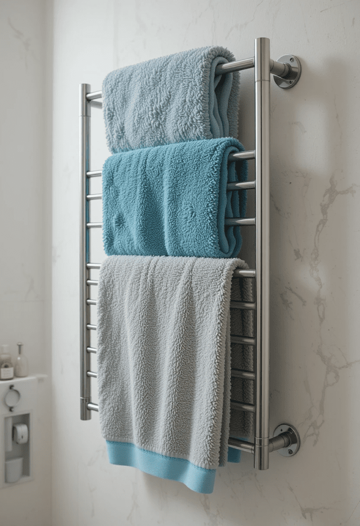 A wall-mounted towel rack with neatly arranged towels for an organized bathroom.