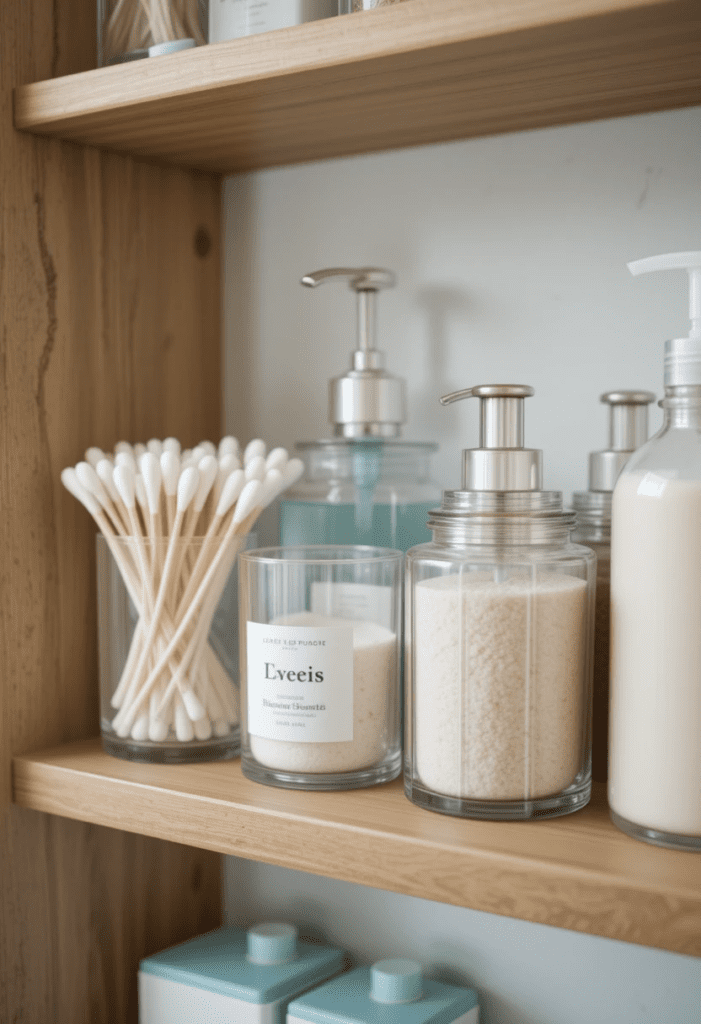 Transparent storage containers neatly organizing bathroom essentials on a shelf.