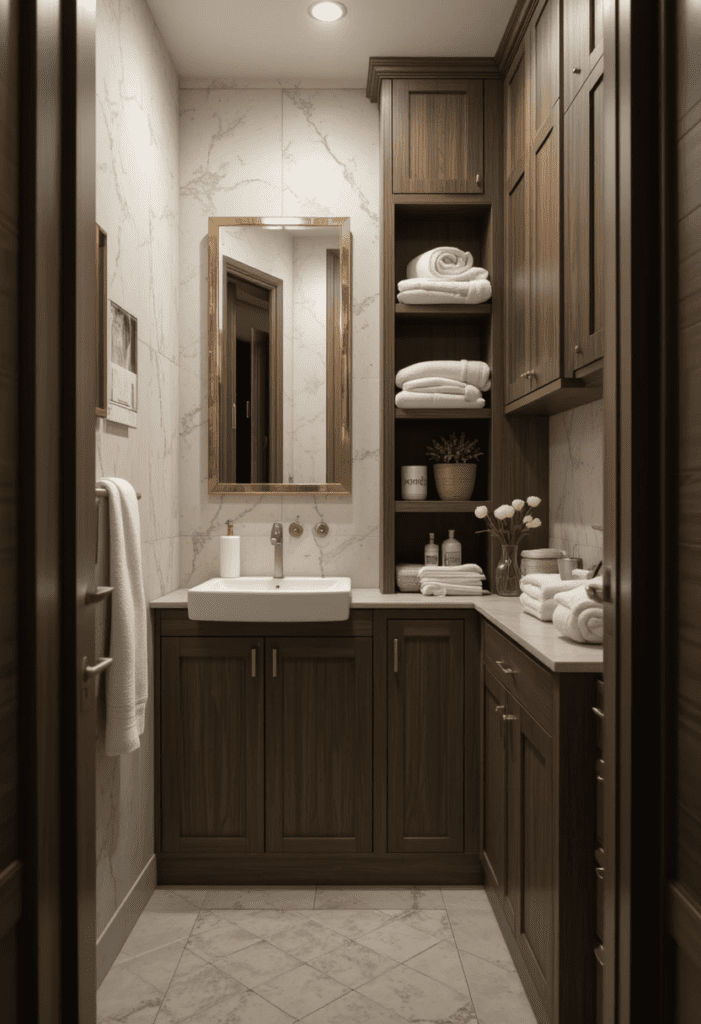 A bathroom with vertical storage solutions, using wall-mounted cabinets and shelves.