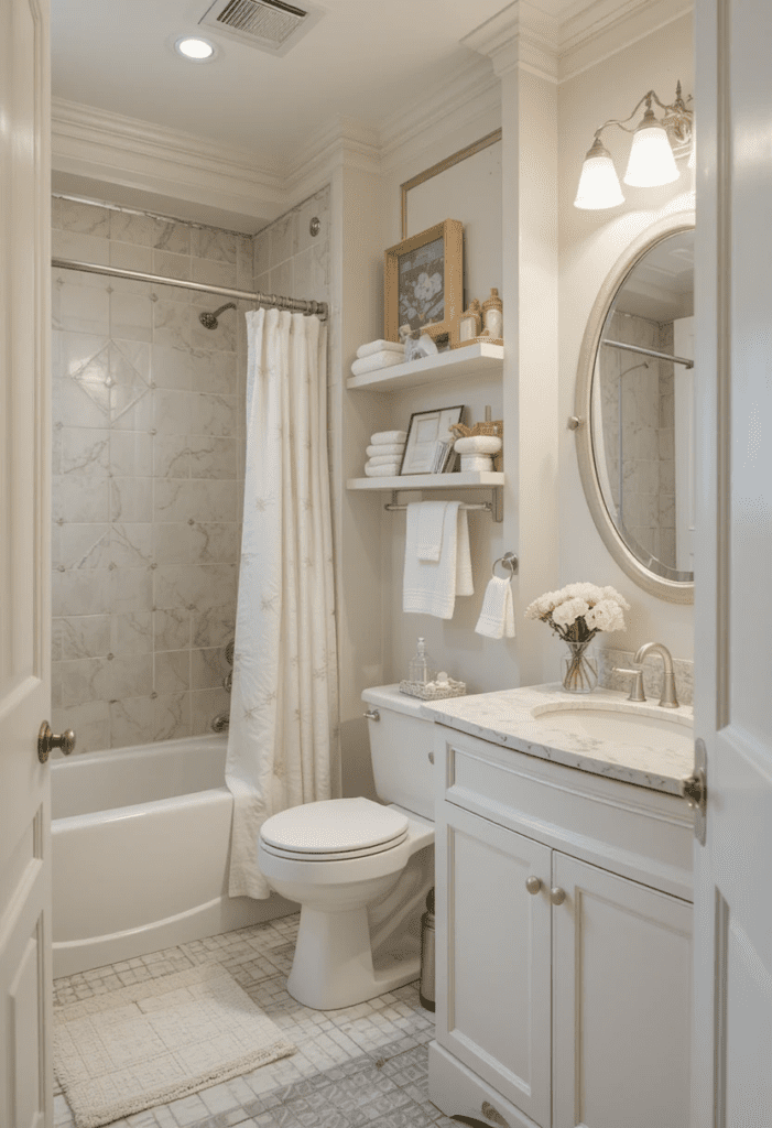 A modern minimalist bathroom with a neutral palette and simple, elegant decor.