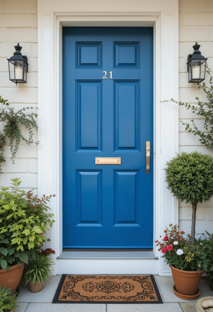 A welcoming front entrance featuring a bold blue door, greenery, and a stylish doormat.