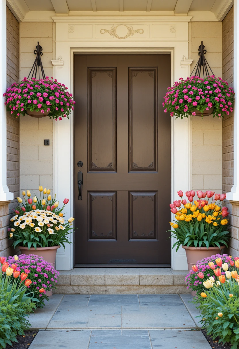 A front entrance decorated with seasonal flowers in vibrant planters and hanging baskets.