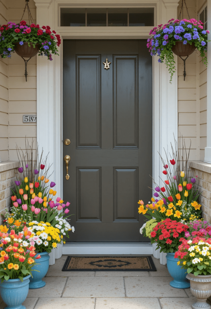 A front entrance decorated with seasonal flowers in vibrant planters and hanging baskets.