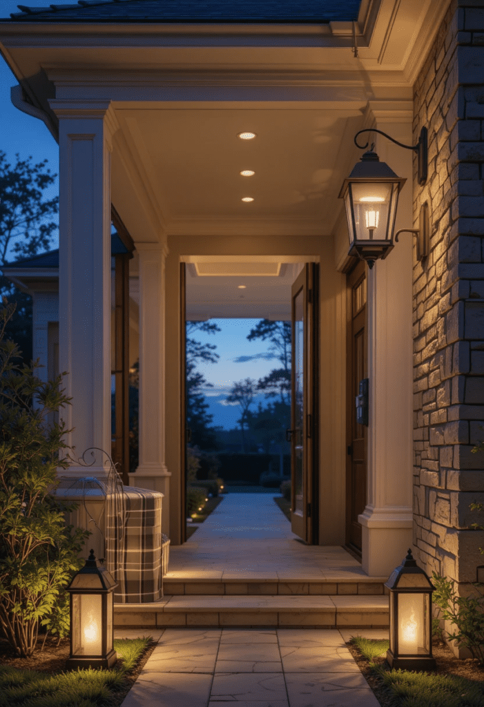 A warmly lit front entrance with outdoor sconces