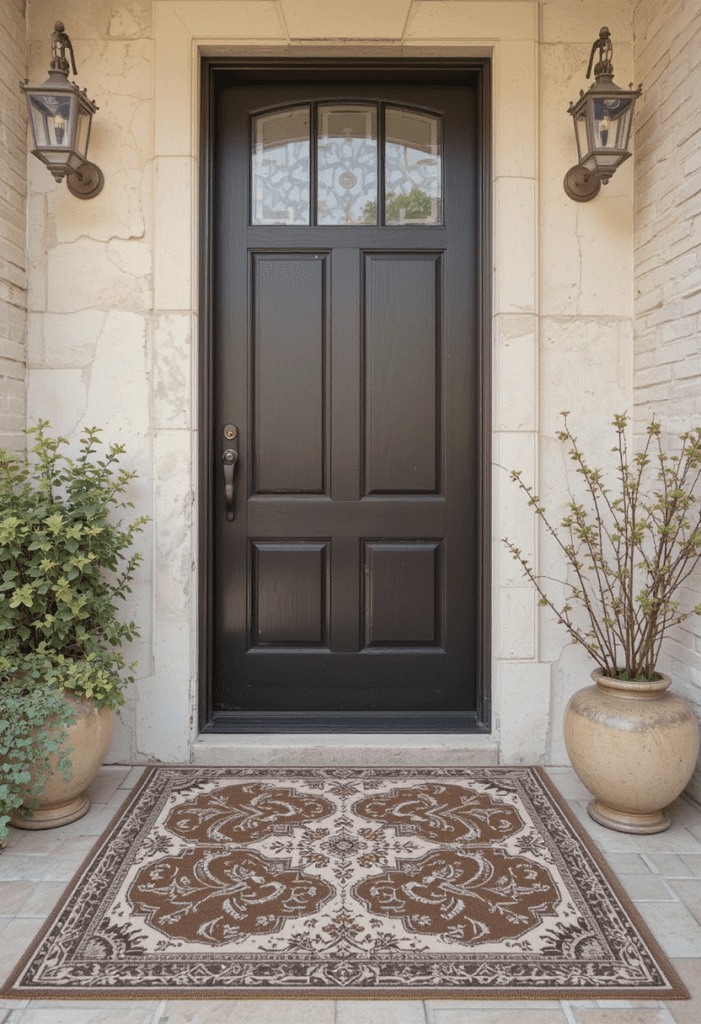 A cozy front entrance with a patterned door rug and rustic decor elements.