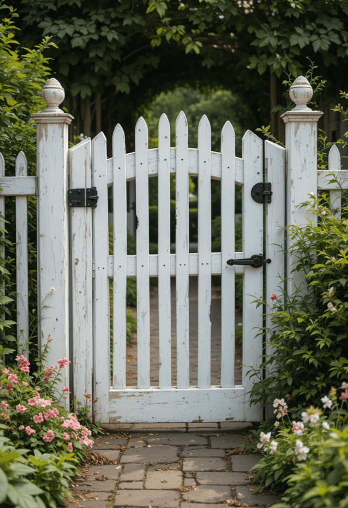 A decorative front gate opening to a cozy home entrance with greenery.