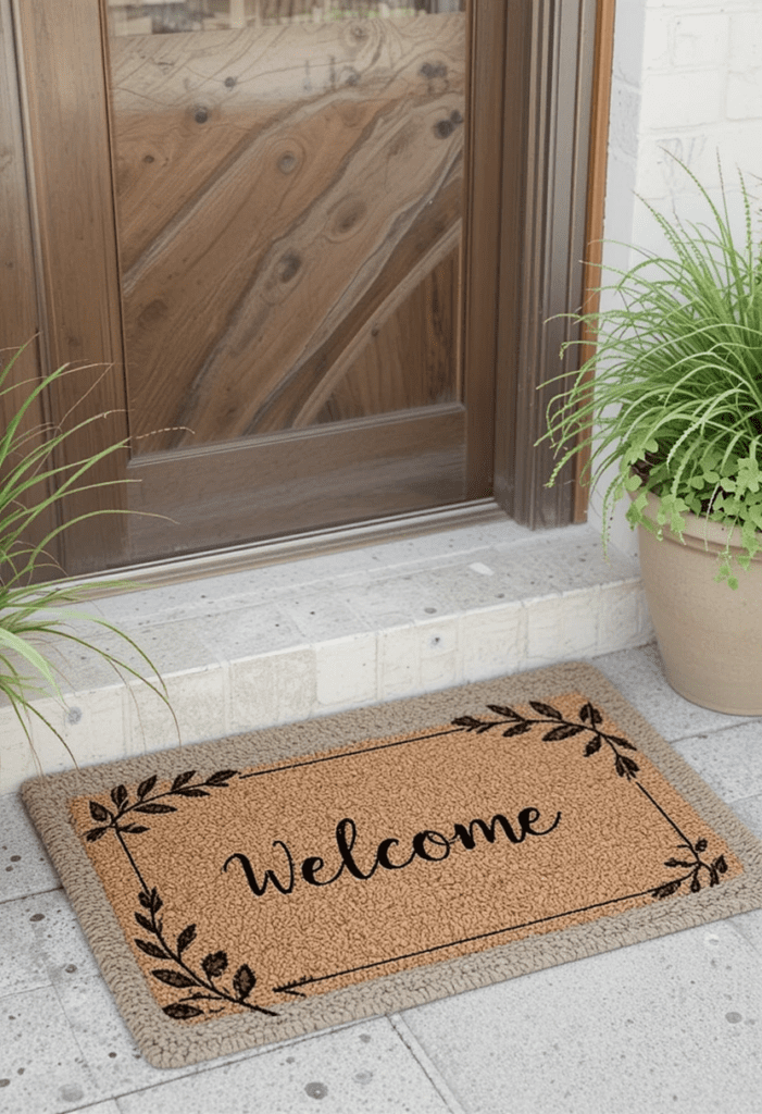 A welcoming front entrance featuring a personalized doormat and potted plants.