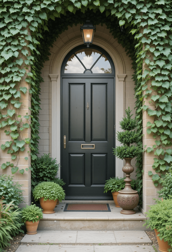 A cozy front porch with lush greenery and potted plants enhancing the entrance.