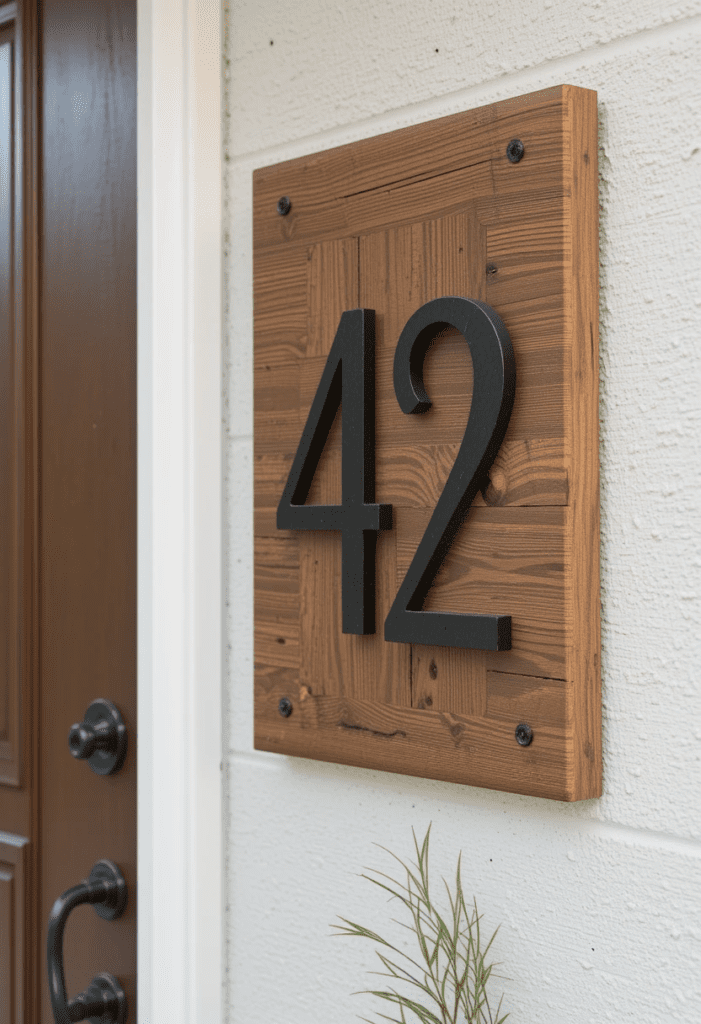 A front entrance with sleek, modern house numbers and a contemporary decor style.