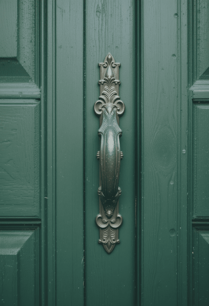 A stylish vintage brass door handle on a classic green front door.