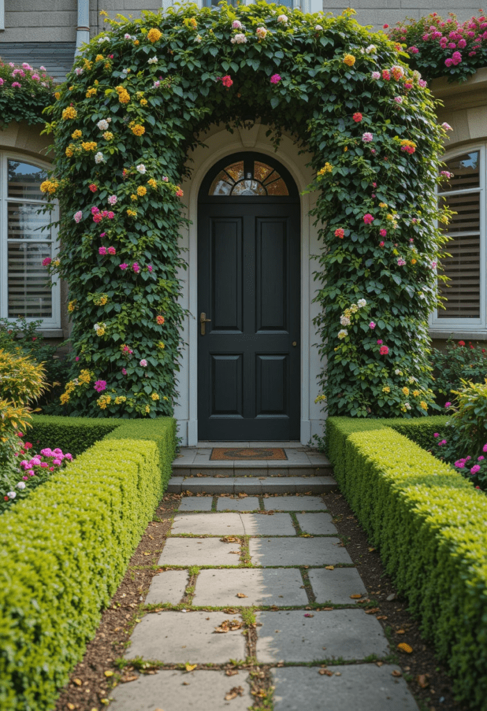 A beautifully landscaped front entrance with lush greenery and flowers.