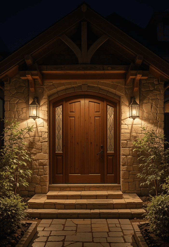 A front entrance illuminated by decorative lanterns and stylish sconces.