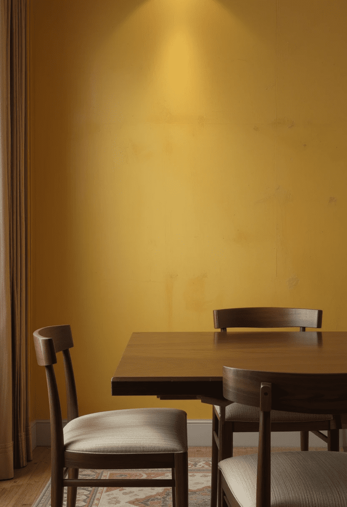 A  golden yellow dining room wall with a dark brown wooden dining table and chairs, creating a warm and inviting setting.