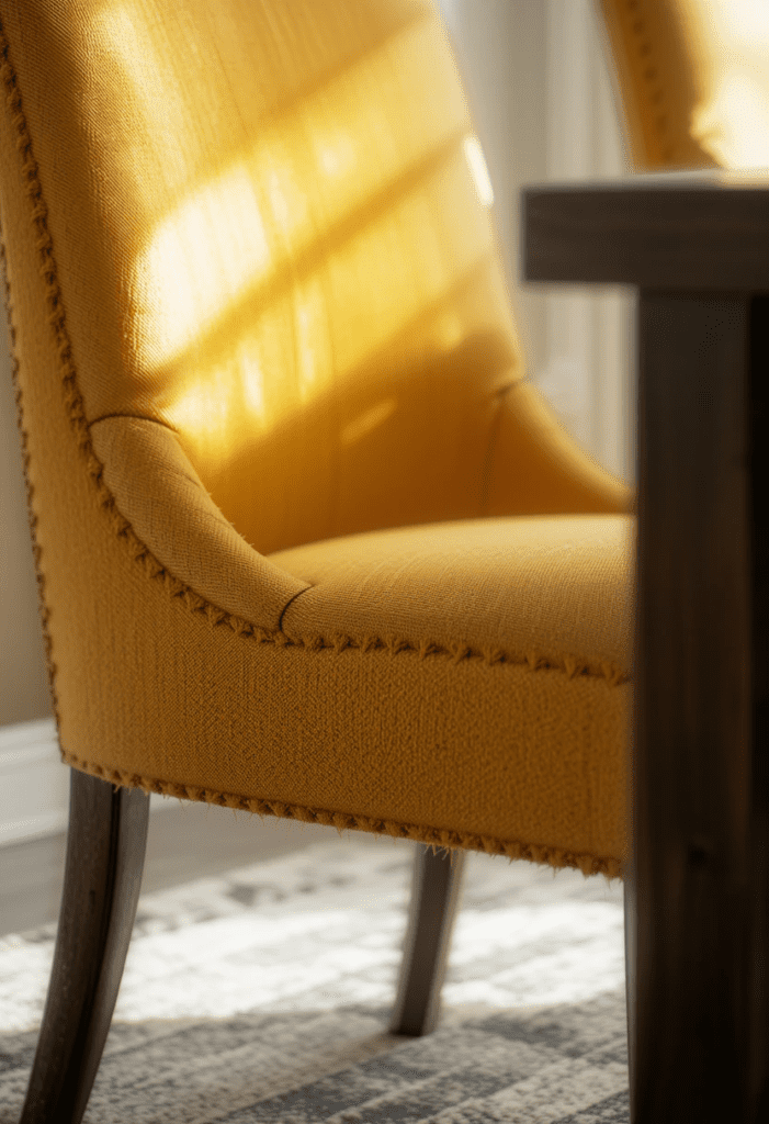 A mustard yellow upholstered dining chair next to a dark wooden table, showcasing a stylish contrast of warm tones.