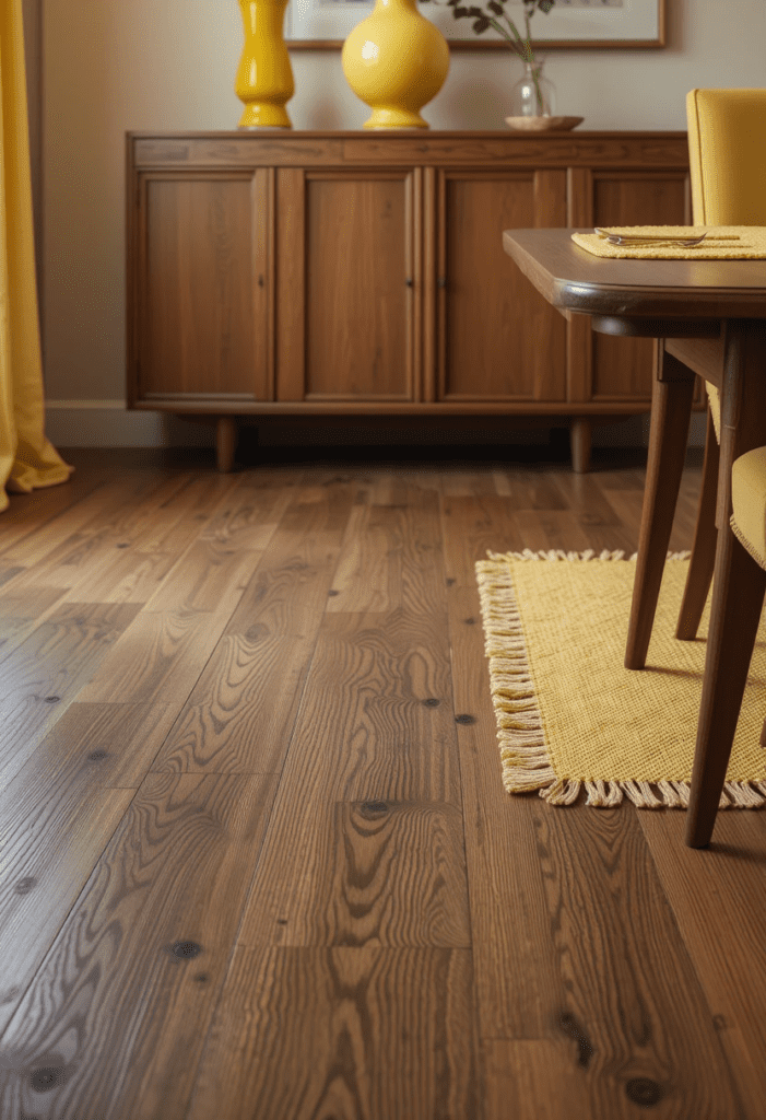 Brown hardwood flooring with yellow accents, including placemats and a ceramic vase, creating a balanced dining space.