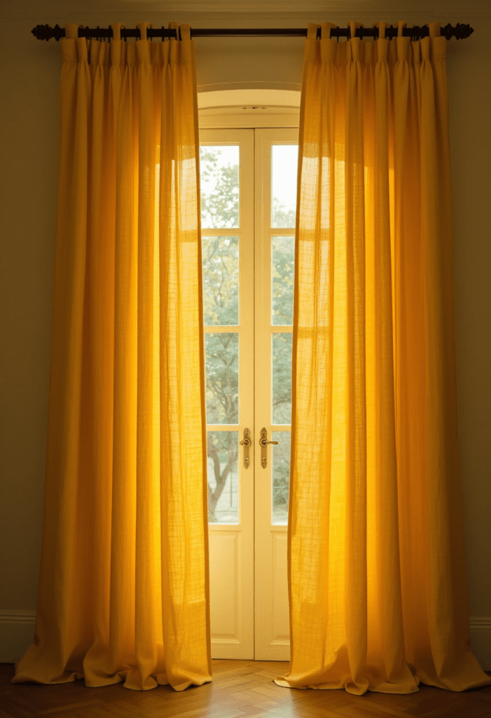 Yellow linen curtains hanging from a dark brown curtain rod, allowing soft sunlight to warm the dining room.