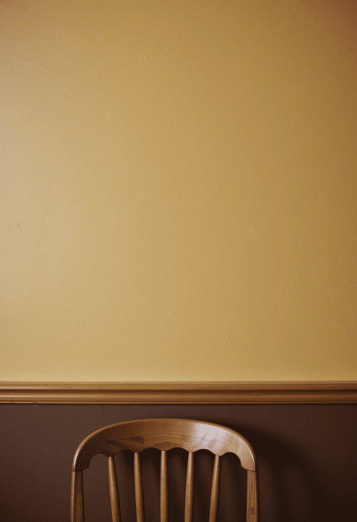 A dining room wall with a two-tone design, featuring rich brown on the lower half and muted yellow on the upper half, separated by a wooden chair rail.