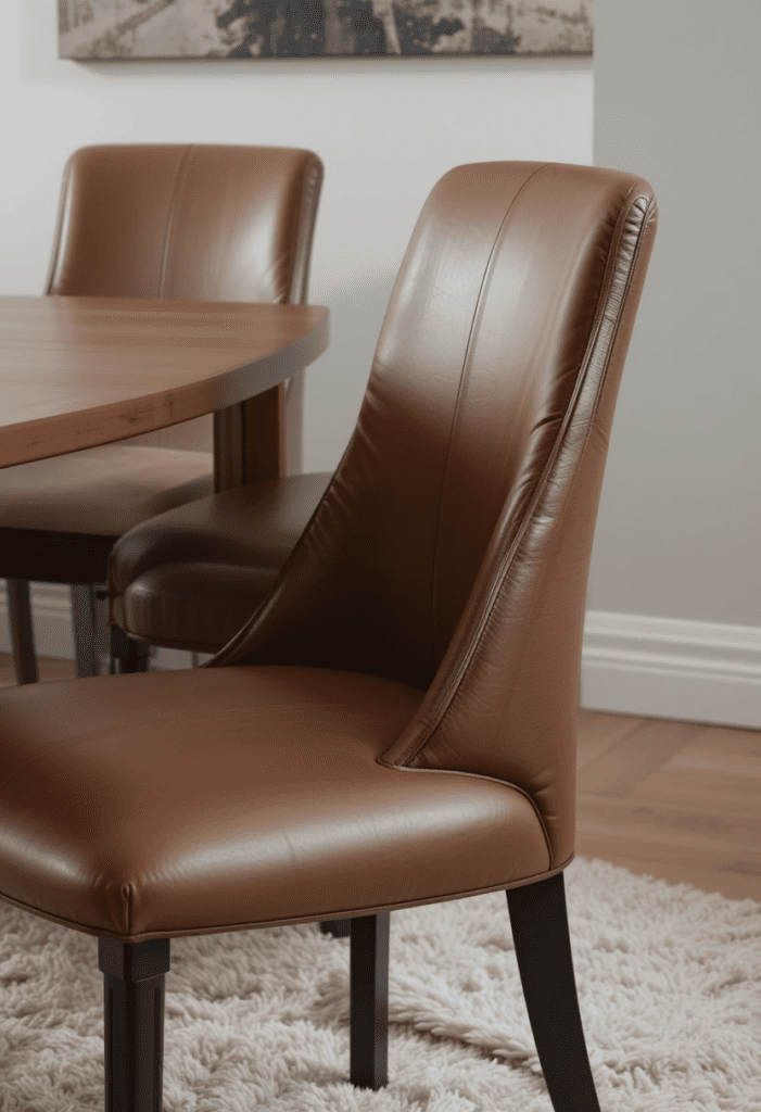 A brown leather dining chair with a polished finish, adding warmth and sophistication to the dining area.