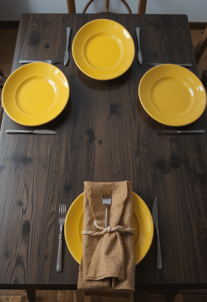 Yellow ceramic plates and gold-rimmed glassware on a dark wooden dining table, creating a vibrant and inviting setting.