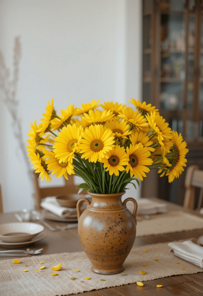 A bouquet of yellow flowers in a rustic brown ceramic vase, adding a fresh and cheerful touch to the dining table.