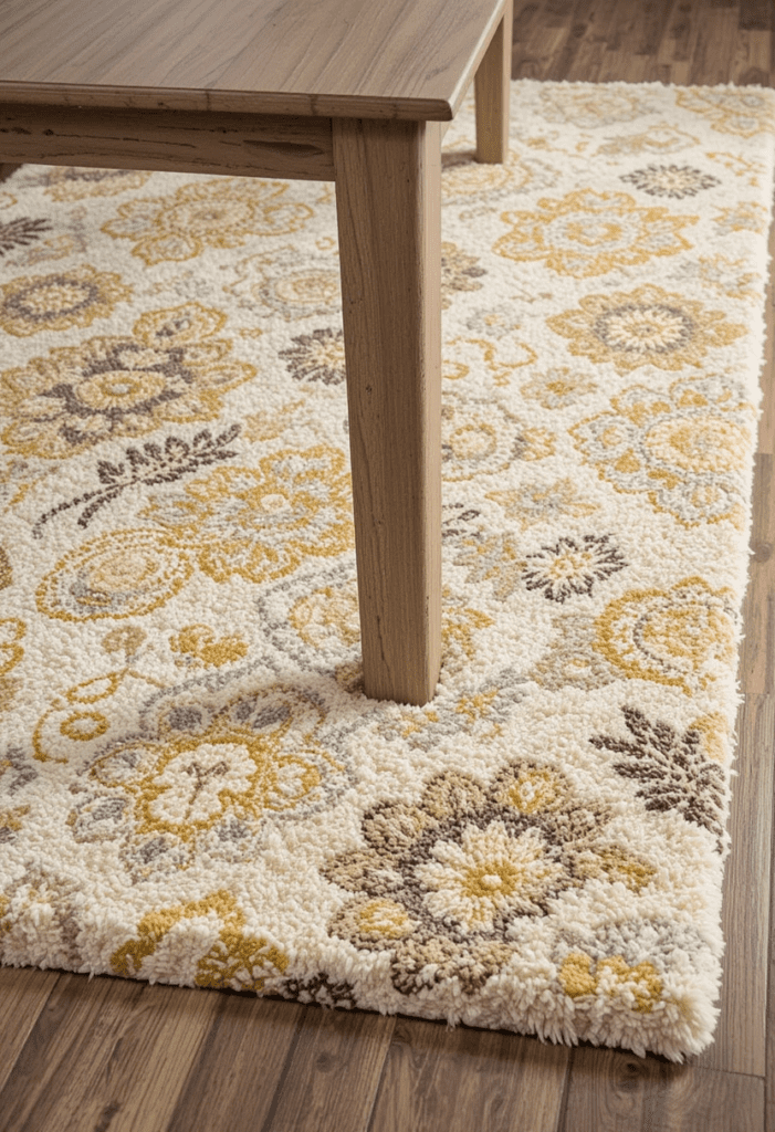 A yellow and brown patterned rug beneath a wooden dining table, enhancing warmth and texture.