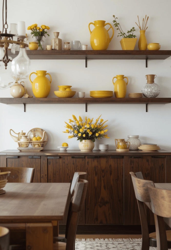 Dark brown shelves with yellow decor, including vases and framed prints, creating a stylish contrast.