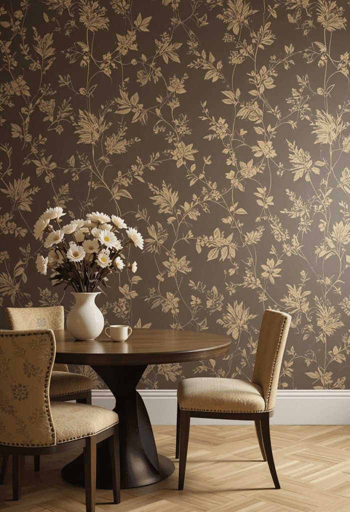 Brown and yellow patterned wallpaper with floral or geometric designs, adding elegance to the space.