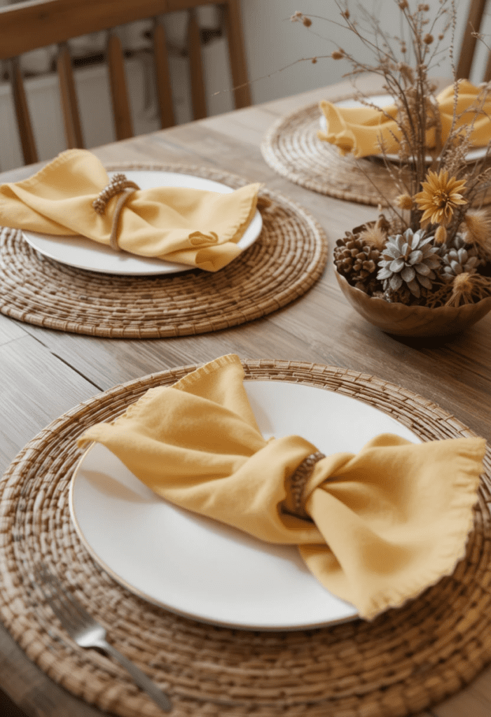 Brown woven placemats and yellow linen napkins on a dining table, incorporating natural textures.