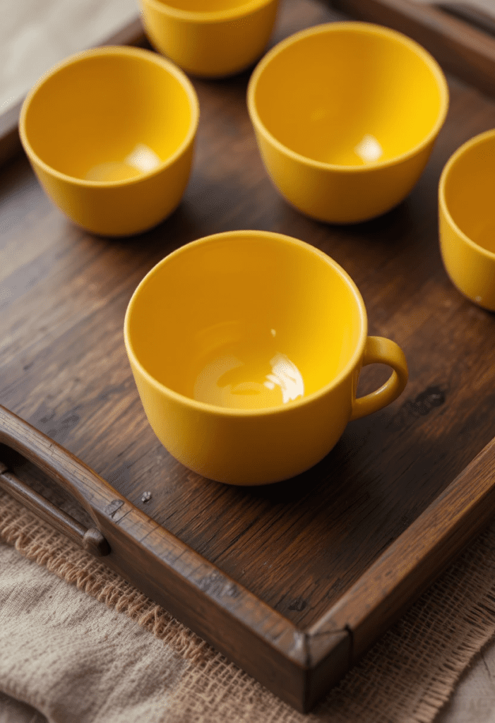 A deep brown wooden tray holding yellow ceramic bowls and cups, combining earthy tones with a pop of color.