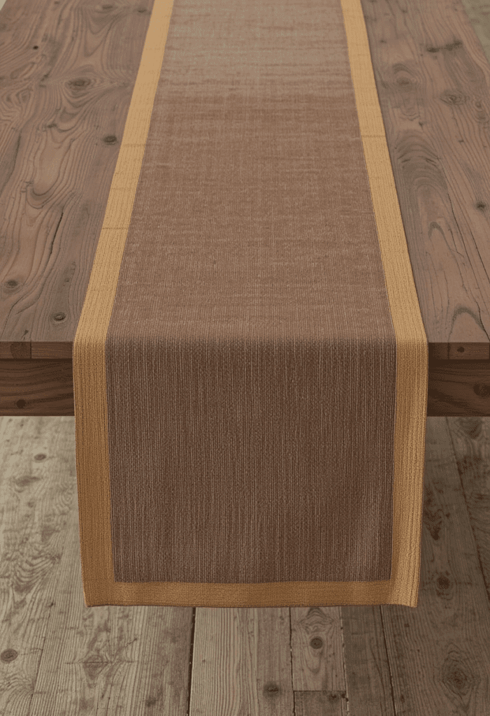 A brown table runner with a yellow border on a wooden dining table, providing a stylish contrast.