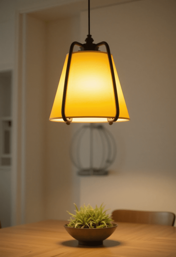 A yellow pendant light with brown metal accents, illuminating the dining area with a cozy glow.