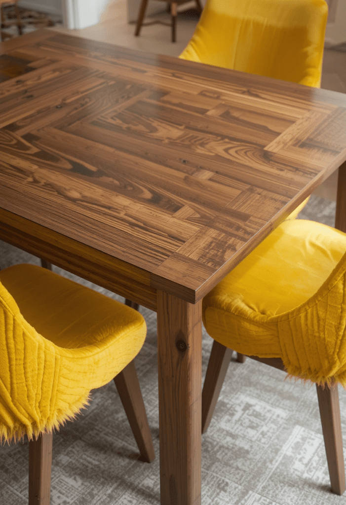 A brown wooden dining table with yellow chairs, blending warmth and vibrancy in the dining space.