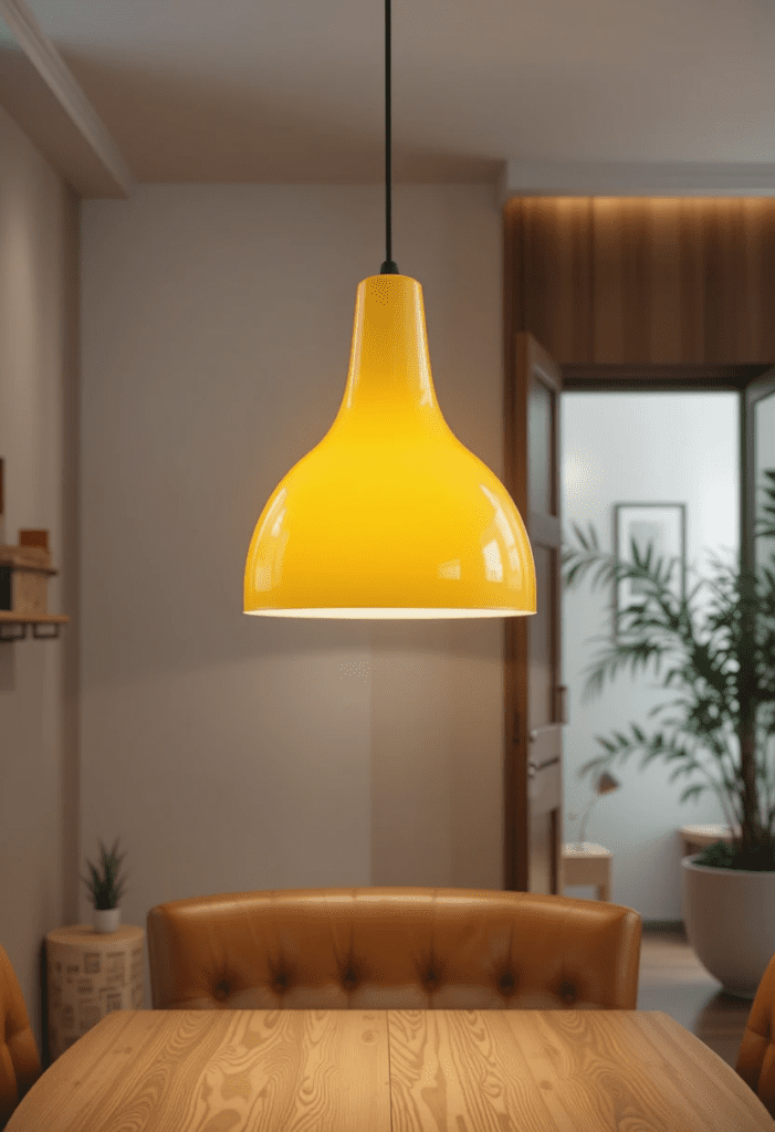 A yellow pendant light hanging above a dining table, creating a warm and inviting ambiance.