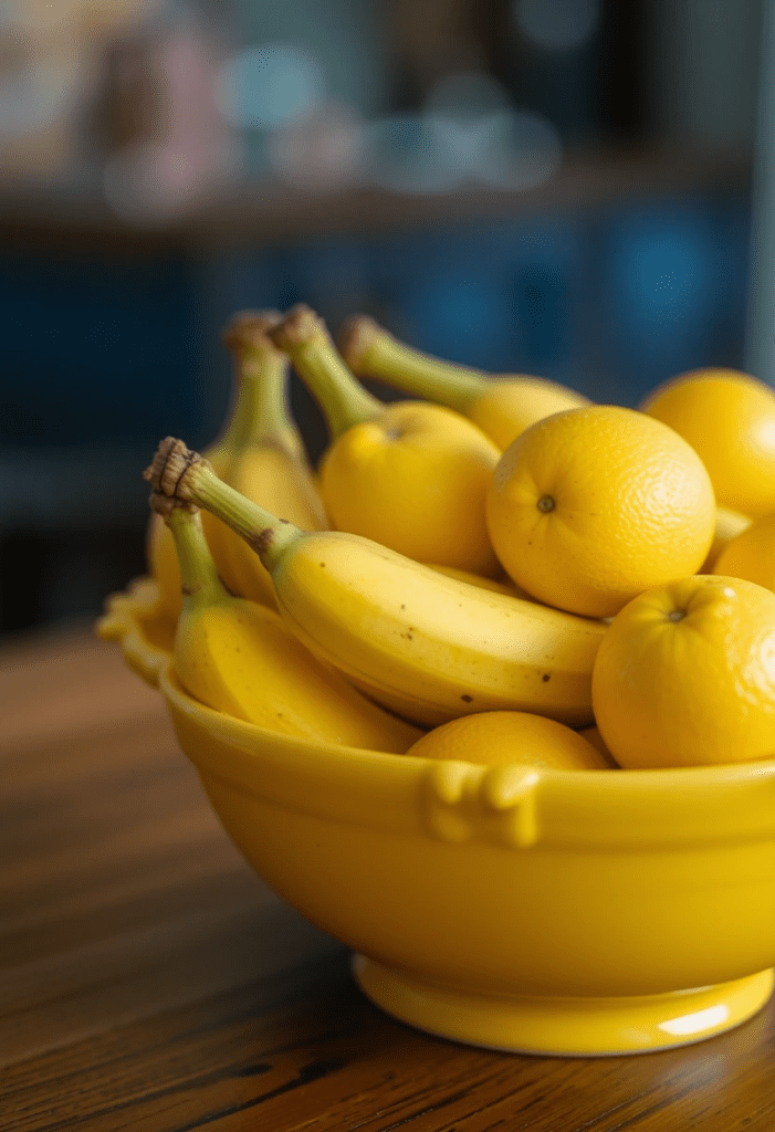 A yellow ceramic fruit bowl filled with bananas and lemons, adding a fresh pop of color to the dining table.