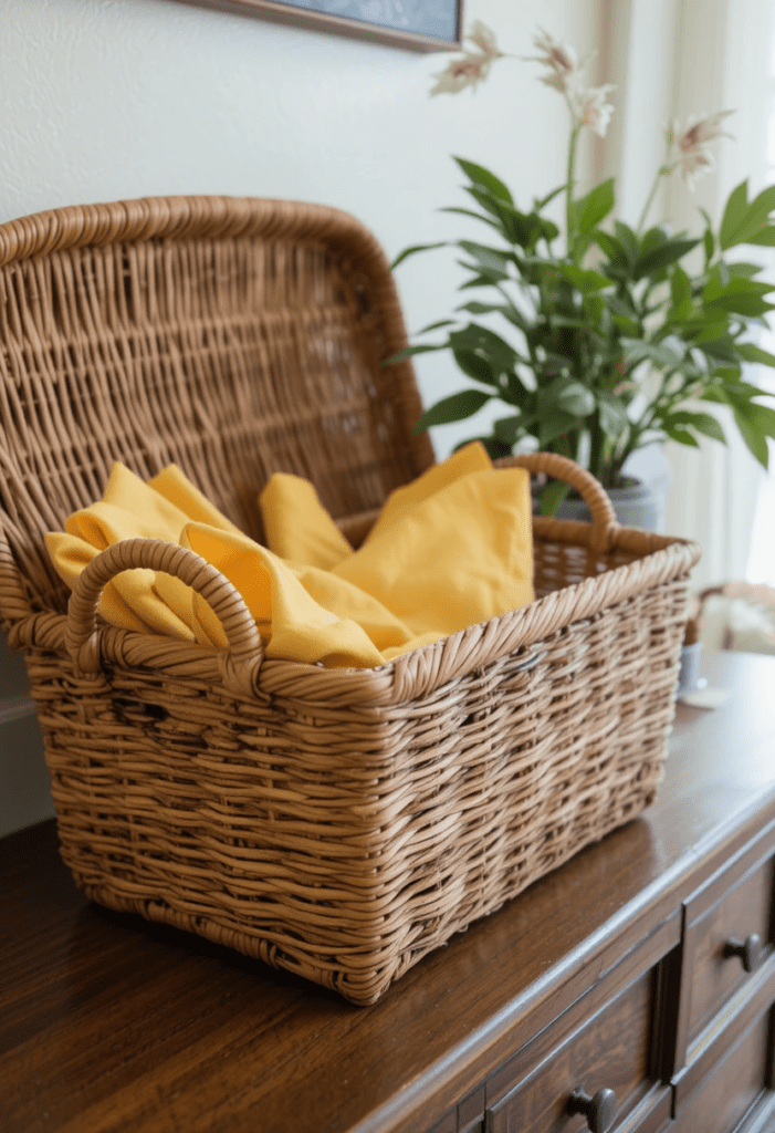 A brown wicker basket holding yellow linen napkins and a small plant, adding rustic charm to the dining area.