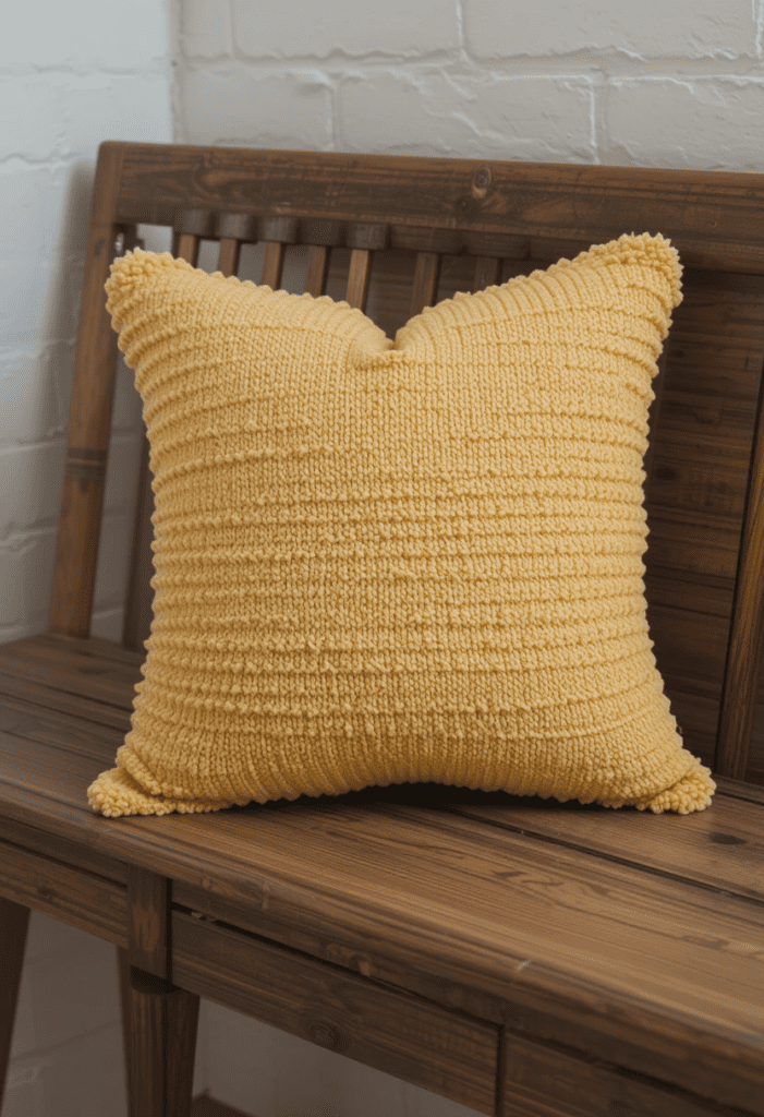 A yellow throw pillow on a brown wooden dining bench, adding warmth and comfort to the seating area.