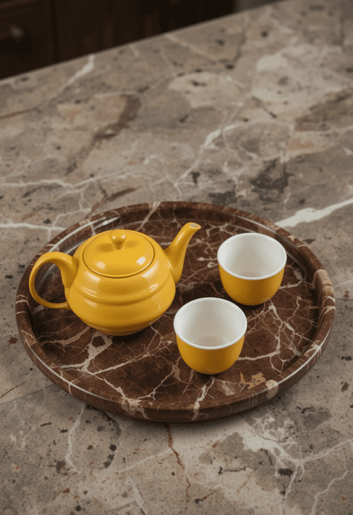 A brown marble serving tray with a yellow ceramic teapot and cups, creating a refined and elegant display.