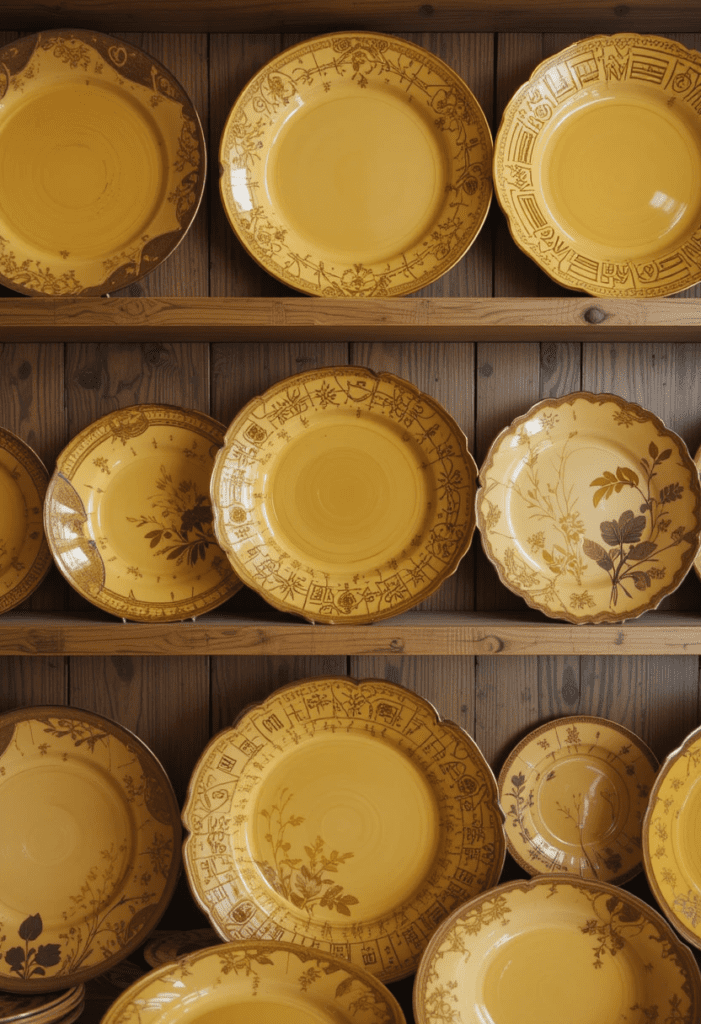 Yellow and brown decorative plates on a wooden shelf, adding an artistic touch to the dining space.