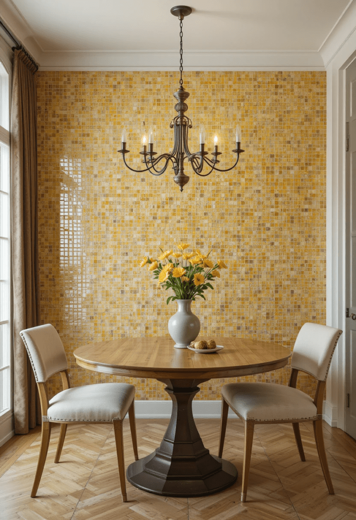 A yellow and brown mosaic tile backsplash, creating texture and warmth in the dining area.