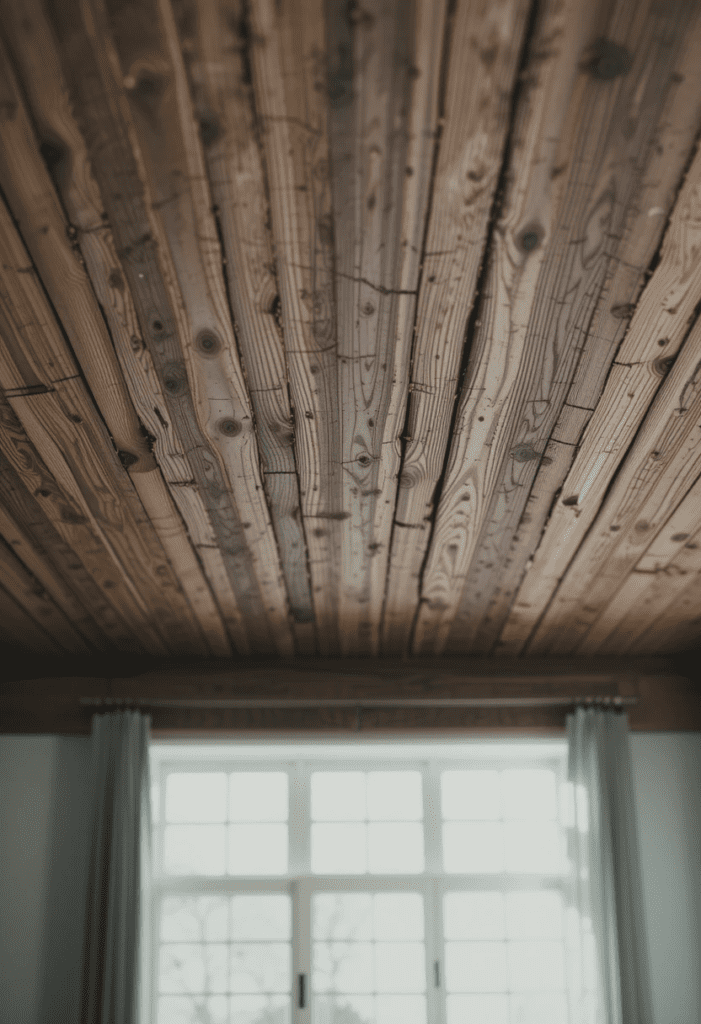 Brown wooden planks on the ceiling, bringing warmth and rustic character to the dining area.