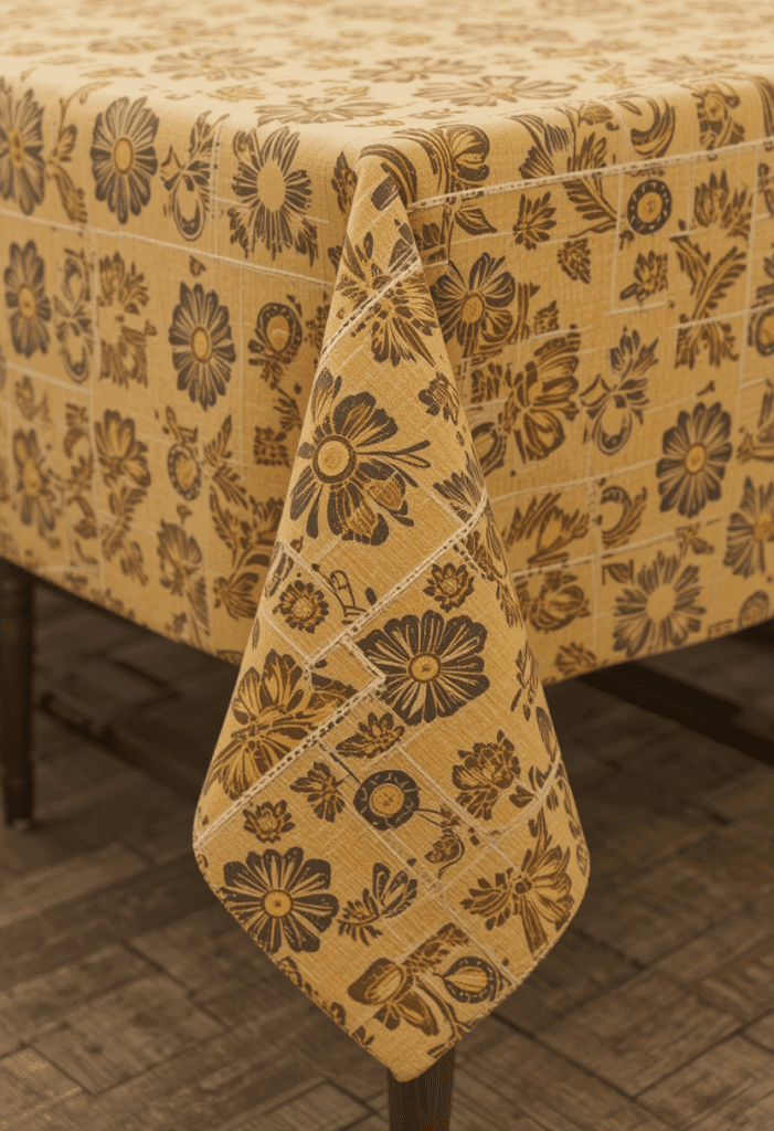 A yellow and brown patterned tablecloth on a dining table, adding a stylish and cohesive look.