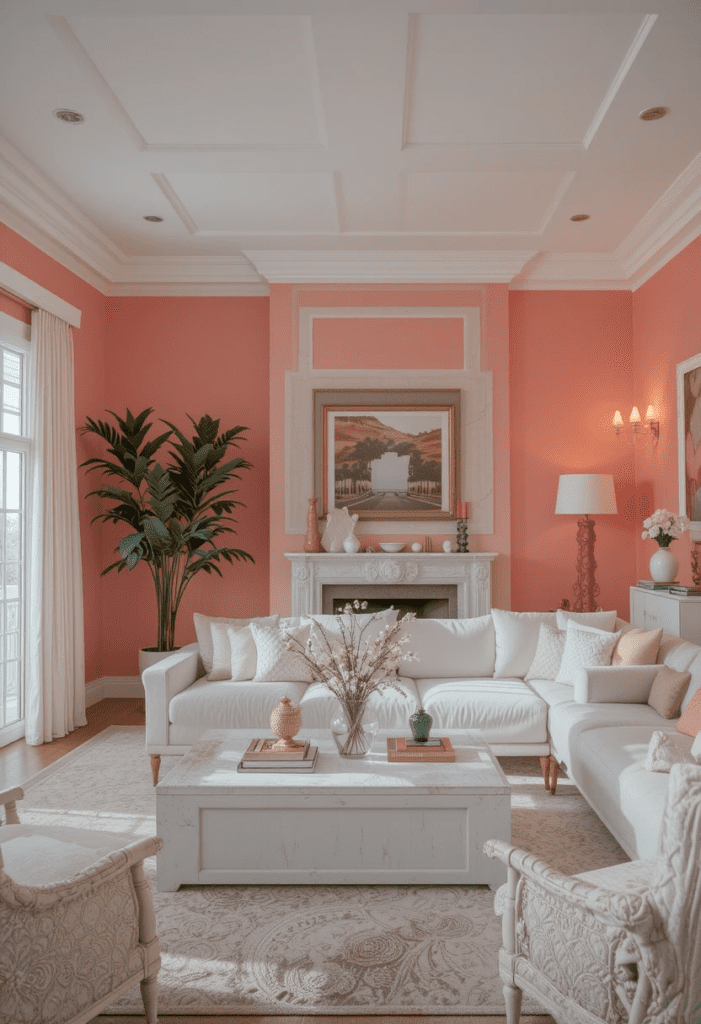 A cozy living room with soft coral walls and white furniture, creating a warm and inviting space.