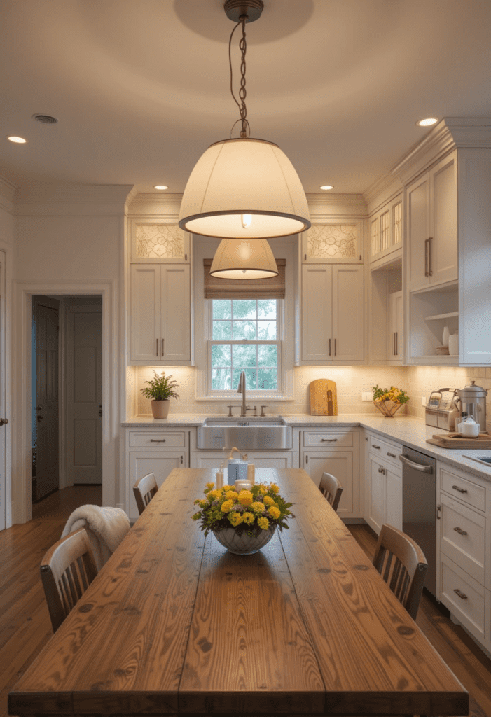 Cozy kitchen with warm pendant lights, under-cabinet lighting for a soft, inviting glow.