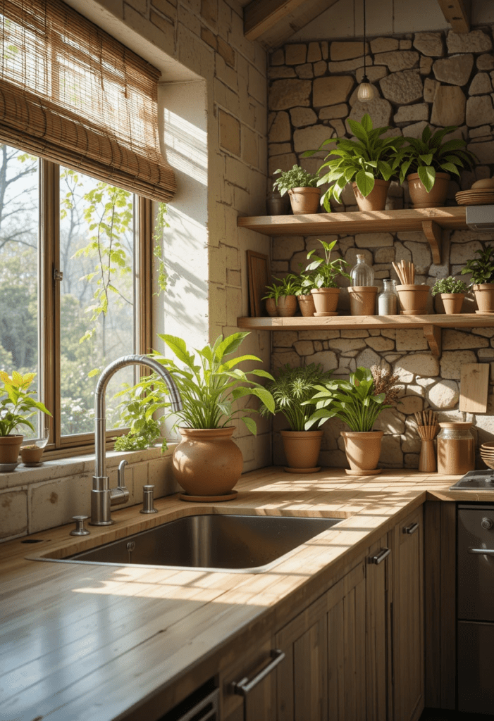 Cozy kitchen with wooden countertops, stone backsplash, and potted plants for a natural, inviting feel.