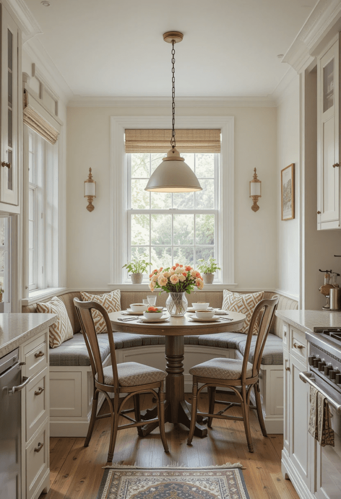 Cozy kitchen breakfast nook with a wooden table, cushioned seating.